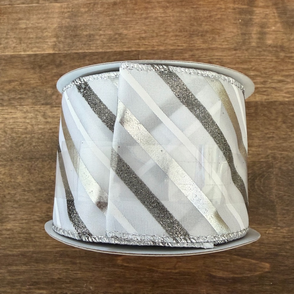 White Ribbon with Silver and Gold Diagonal Stripes